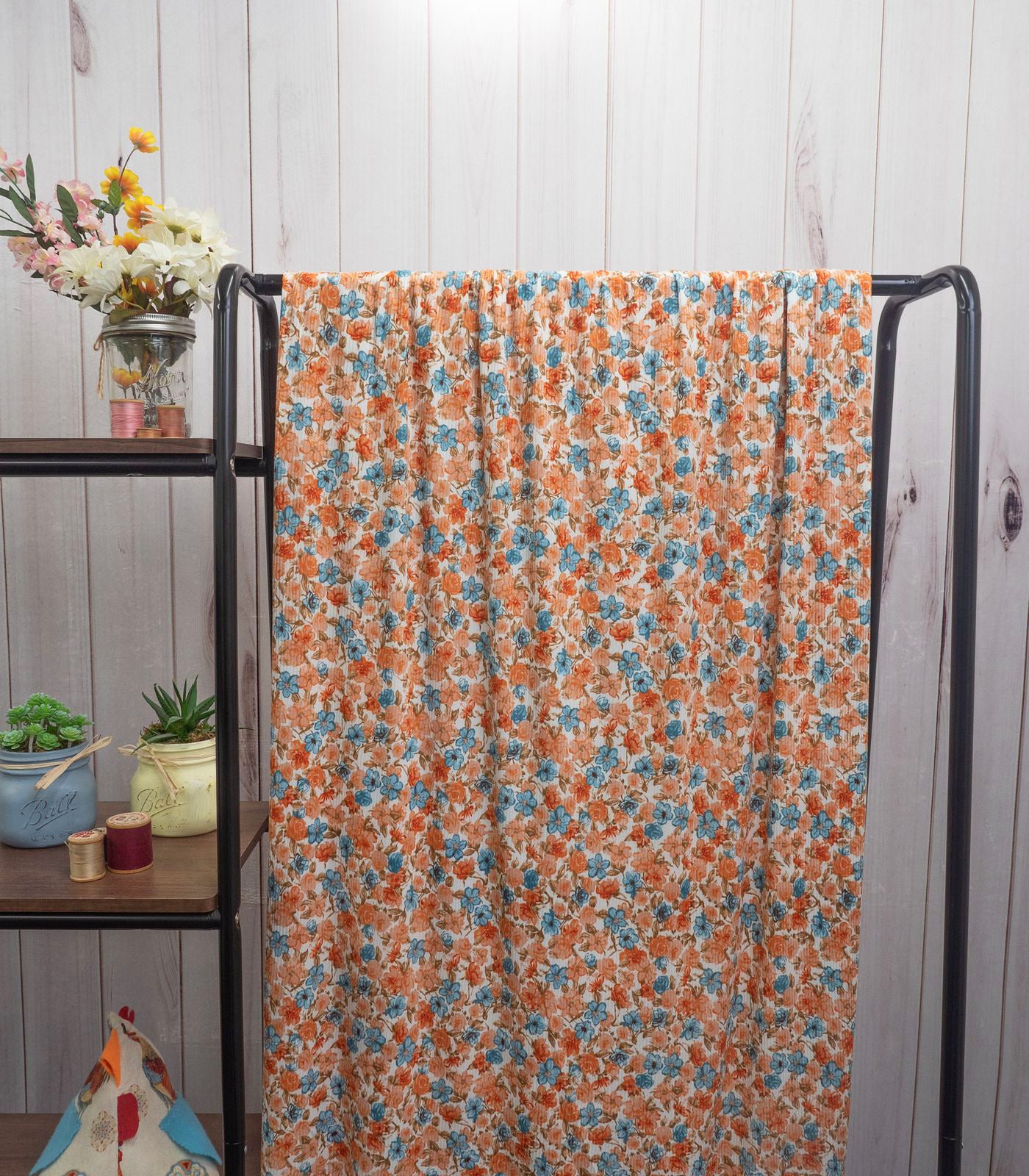 Beige/Teal/Peach Ditsy Floral Ribbed Knit (4x2) Fabric