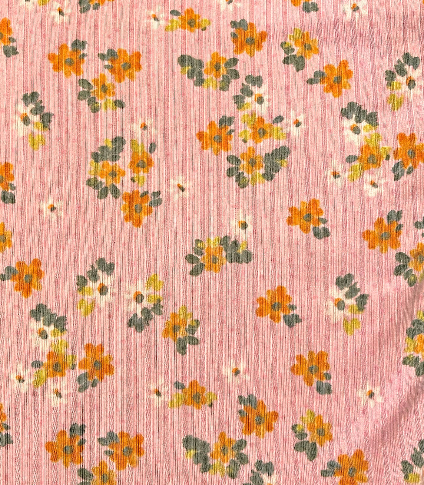 Pink/Orange/Green Ditsy Floral/Polka Dot Ribbed Knit (8x2 Brushed) Fabric