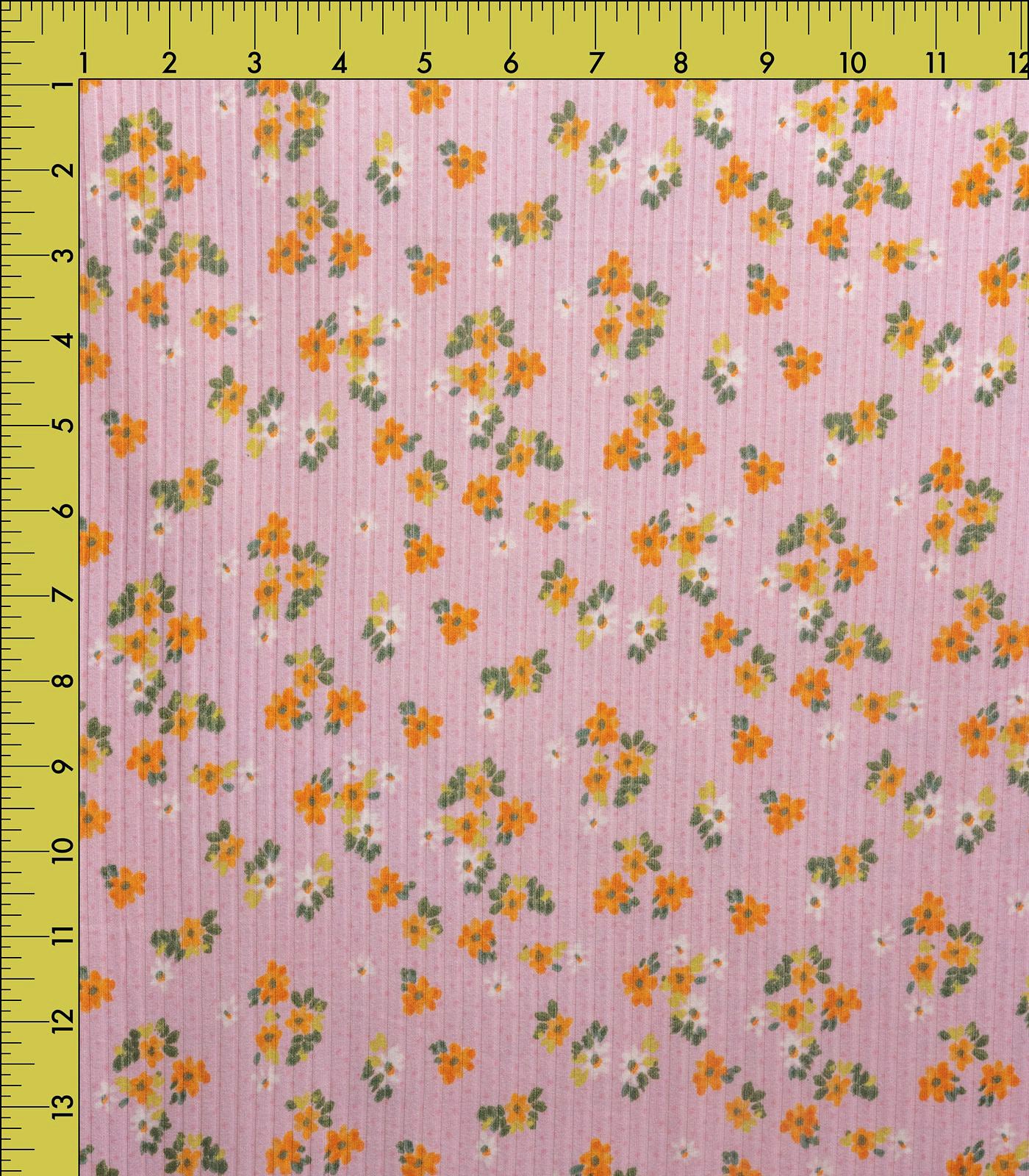 Pink/Orange/Green Ditsy Floral/Polka Dot Ribbed Knit (8x2 Brushed) Fabric