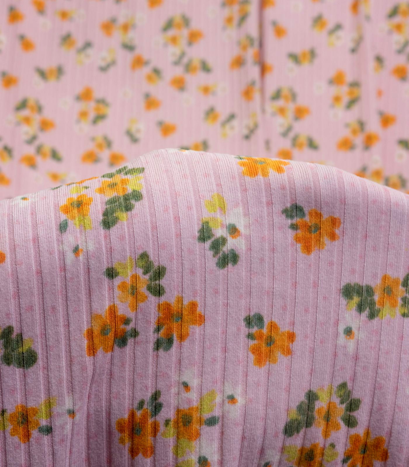 Pink/Orange/Green Ditsy Floral/Polka Dot Ribbed Knit (8x2 Brushed) Fabric