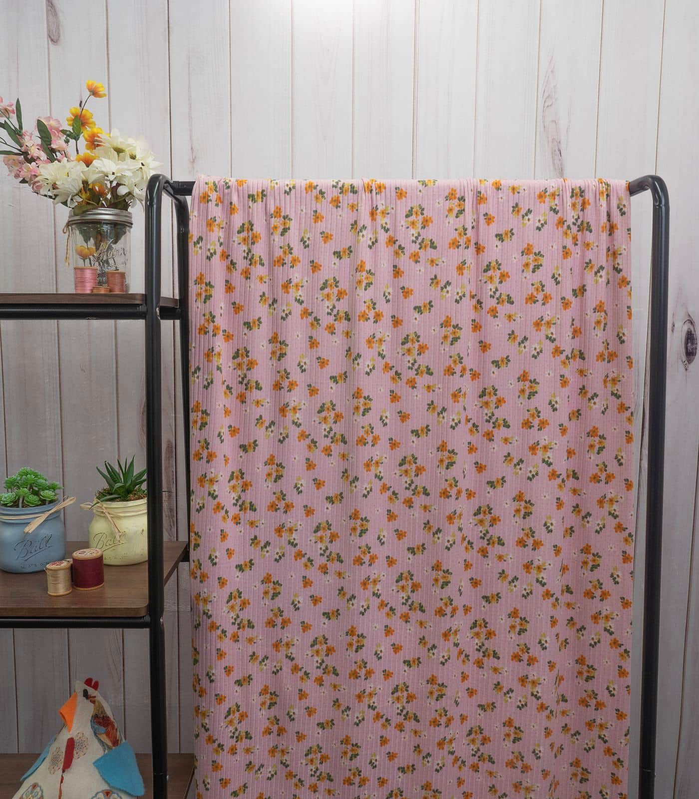 Pink/Orange/Green Ditsy Floral/Polka Dot Ribbed Knit (8x2 Brushed) Fabric