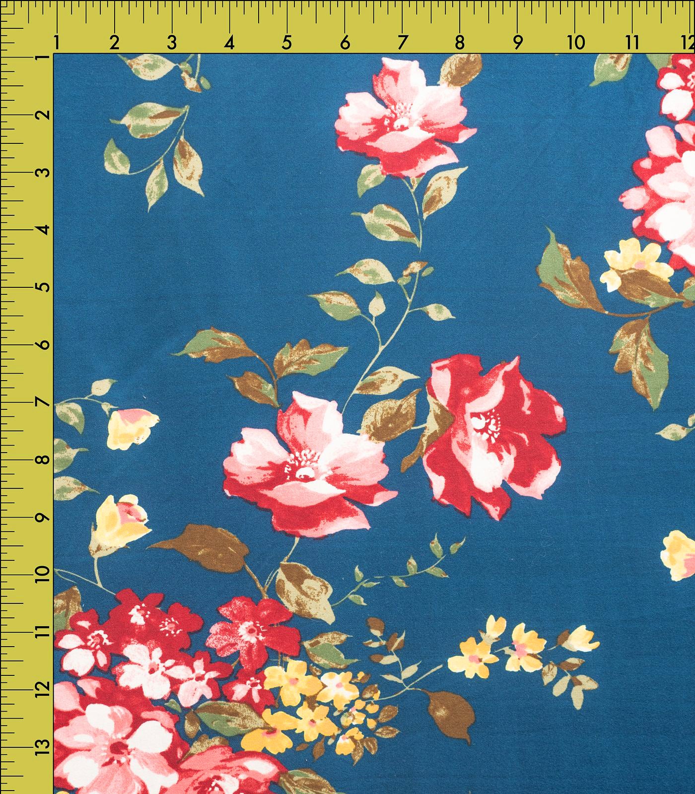 Turquoise/Baby Pink/Yellow Floral Double Brushed Poly Fabric