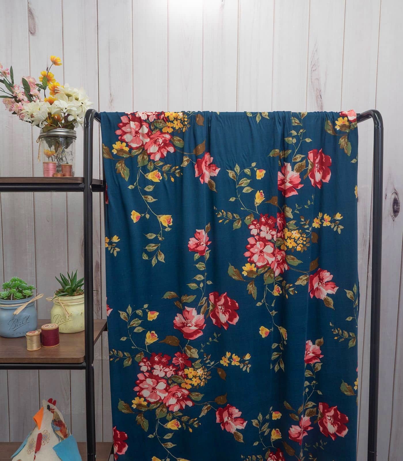 Turquoise/Baby Pink/Yellow Floral Double Brushed Poly Fabric