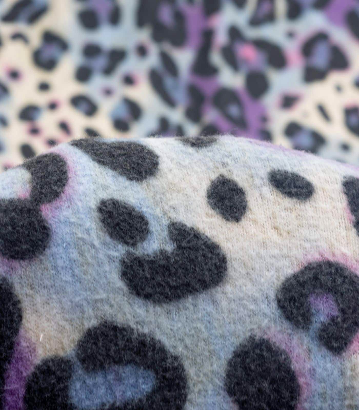 Purple/Black/Baby Blue Faux Cashmere Leopard/Tie-Dye Sweater Knit Fabric