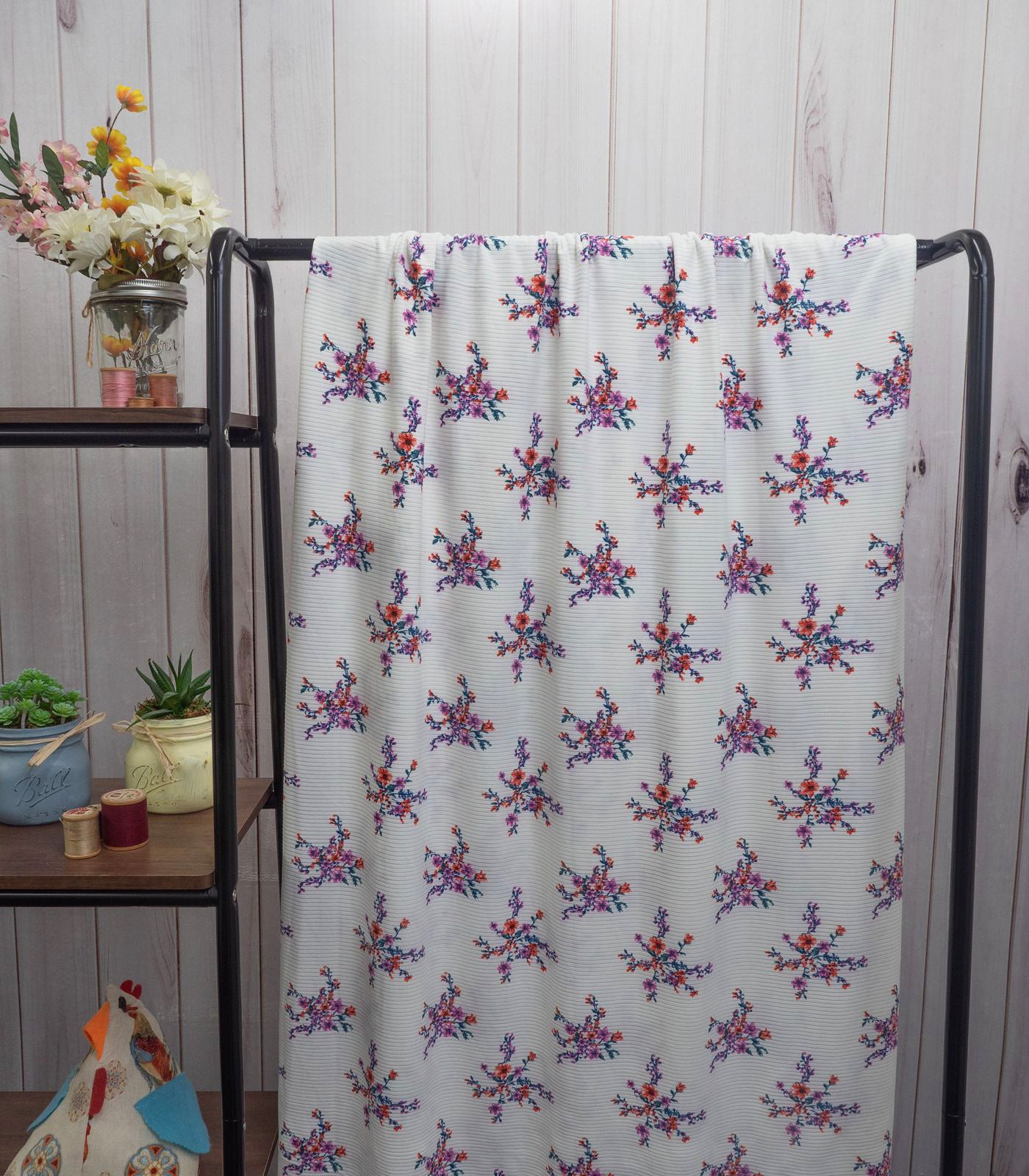 White/Red/Teal Floral Ribbed Knit (4x2) Fabric