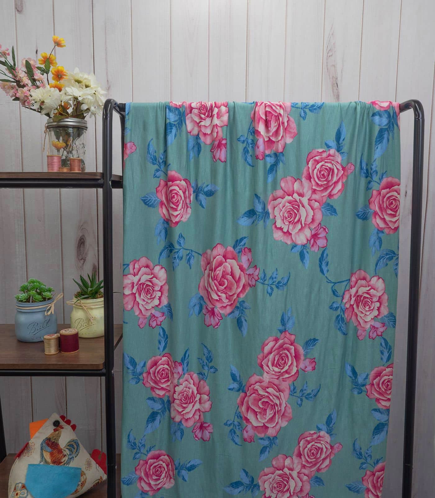 Teal/Blue/Pink Floral Rayon Spandex Fabric