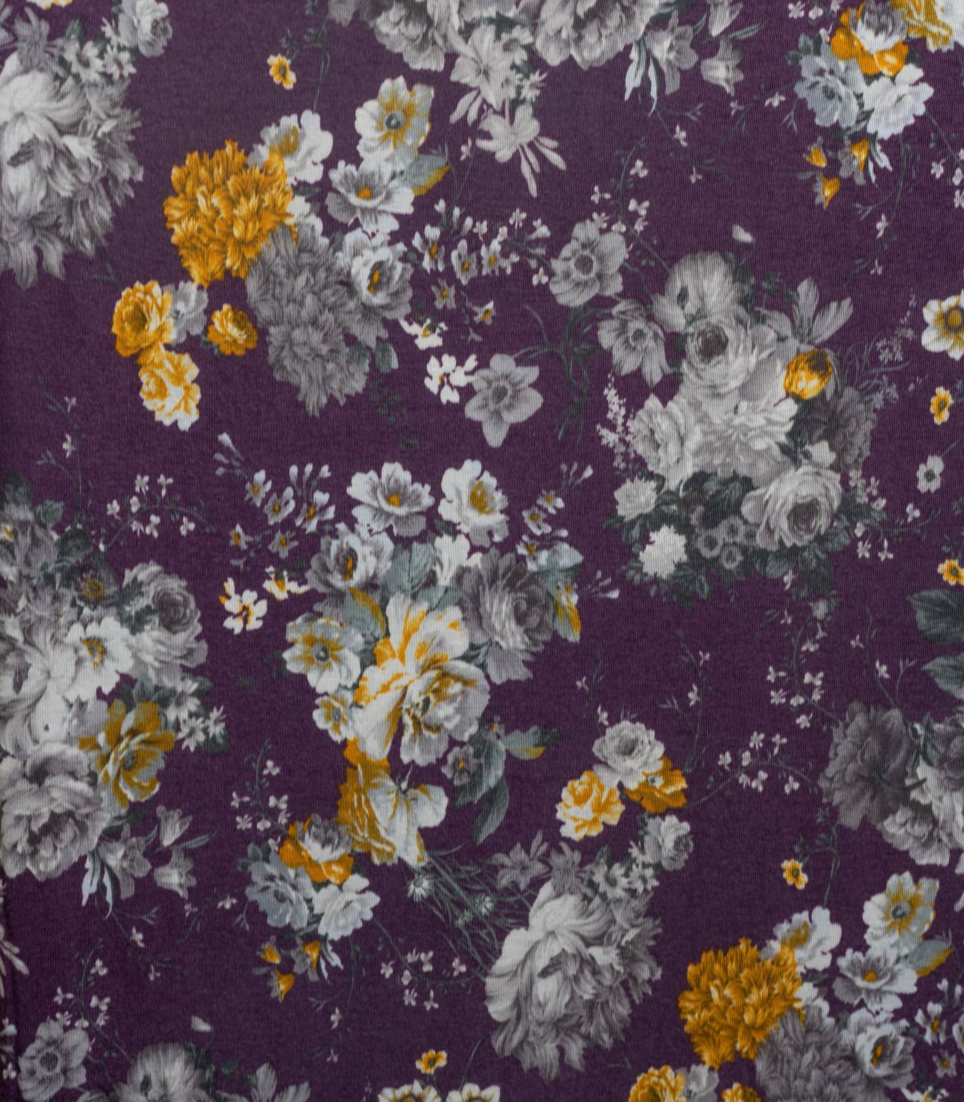 Purple/Yellow/Grey Floral Rayon Spandex Fabric