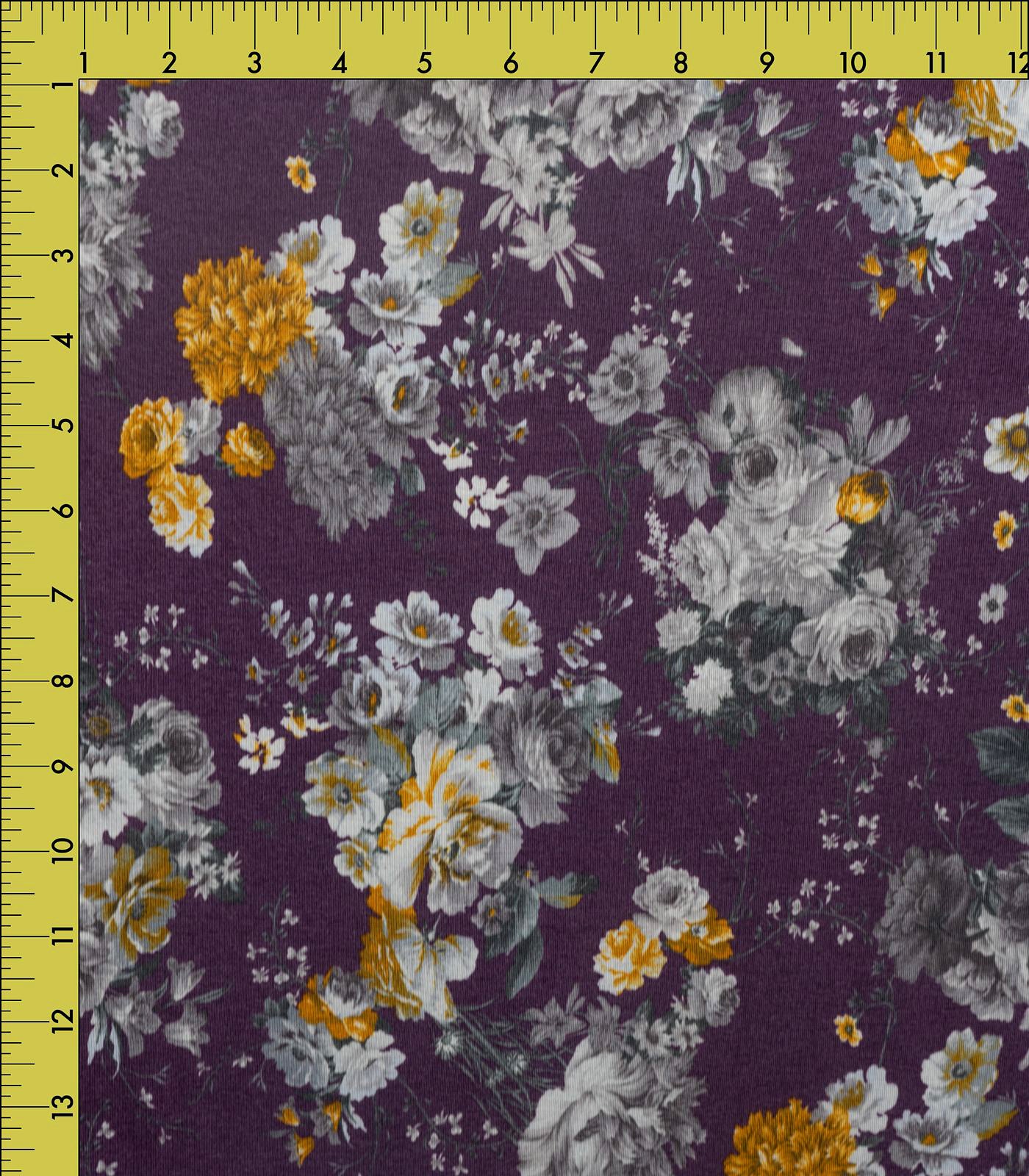 Purple/Yellow/Grey Floral Rayon Spandex Fabric