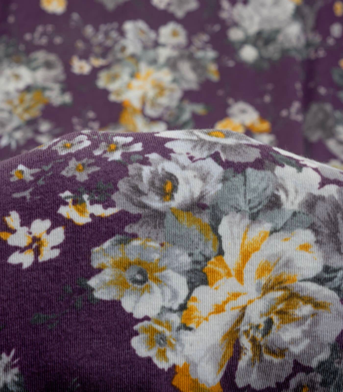 Purple/Yellow/Grey Floral Rayon Spandex Fabric