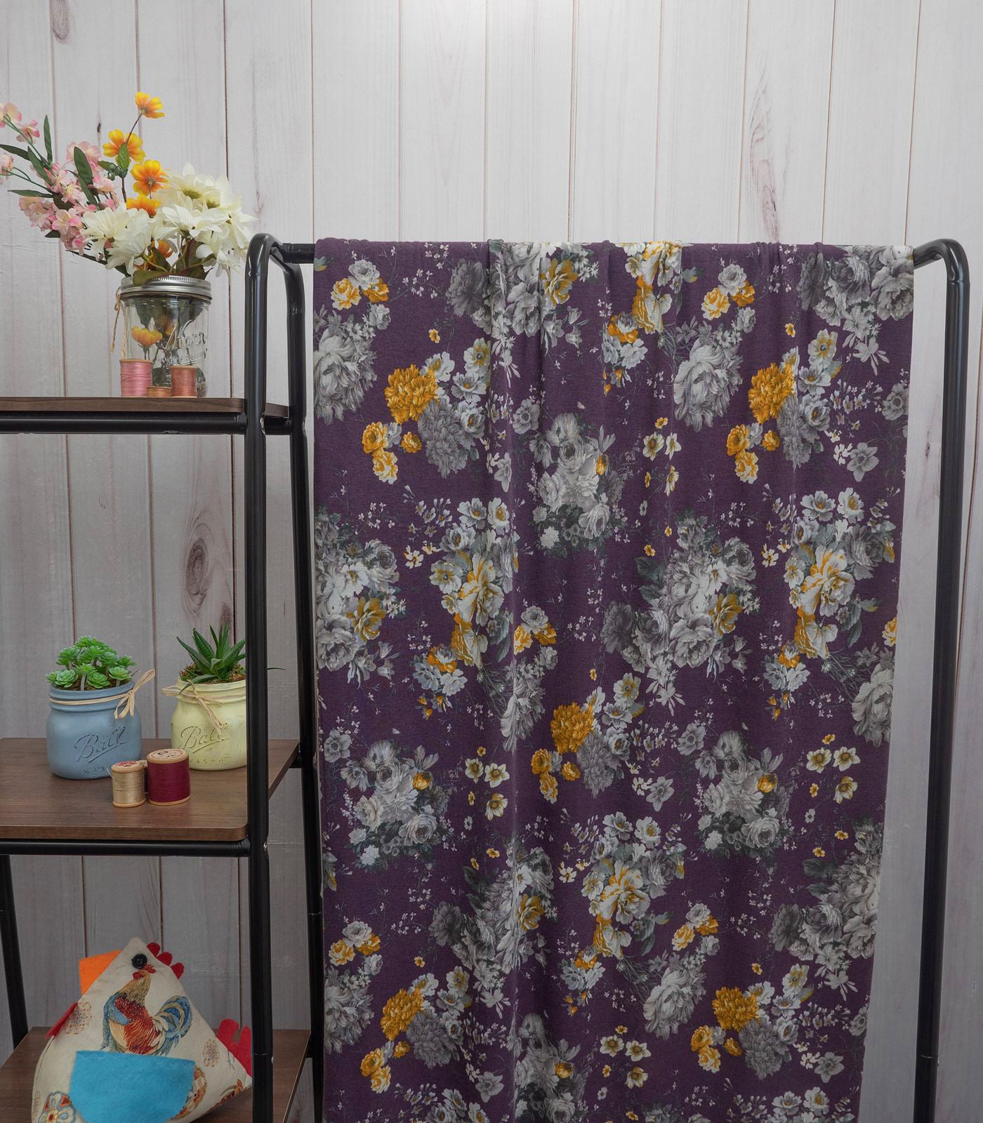 Purple/Yellow/Grey Floral Rayon Spandex Fabric