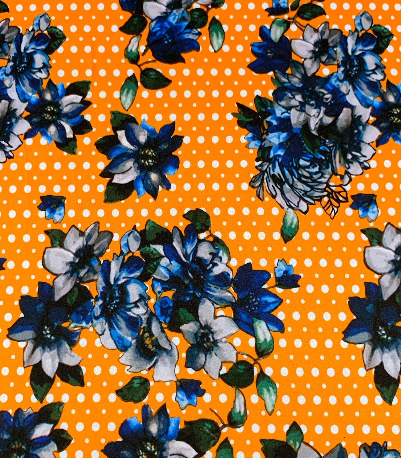 Orange/Blue/White Flowers/Polka Dot Double Brushed Poly Fabric