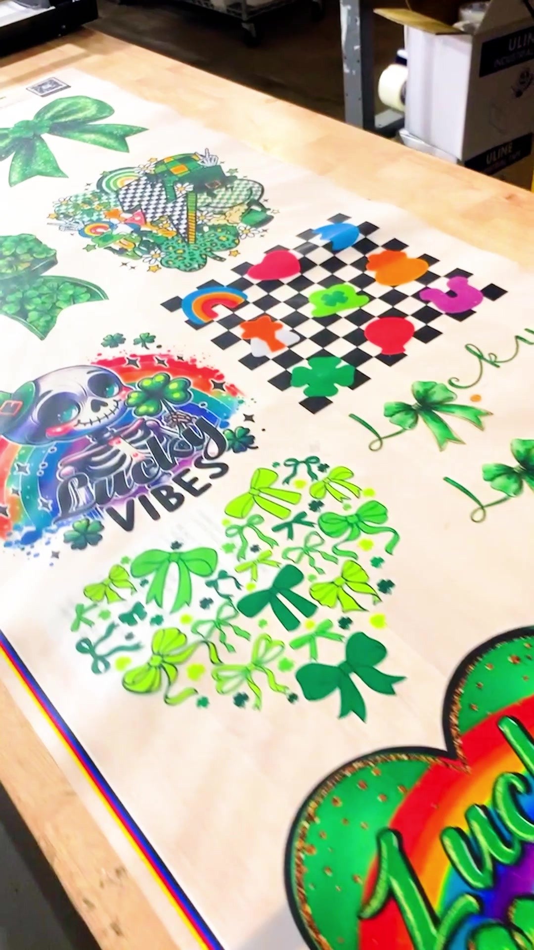 A gang sheet of colorful DTF transfer designs on the worktable