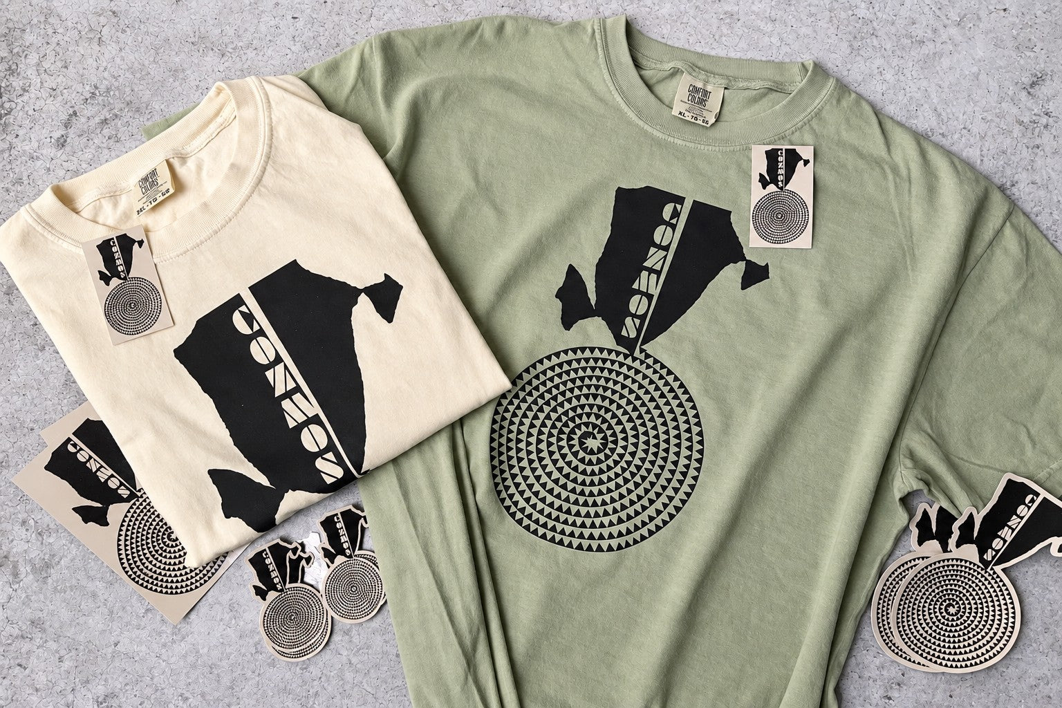 Custom printed cream and sage T-shirts with matching stickers from Olga’s Closet