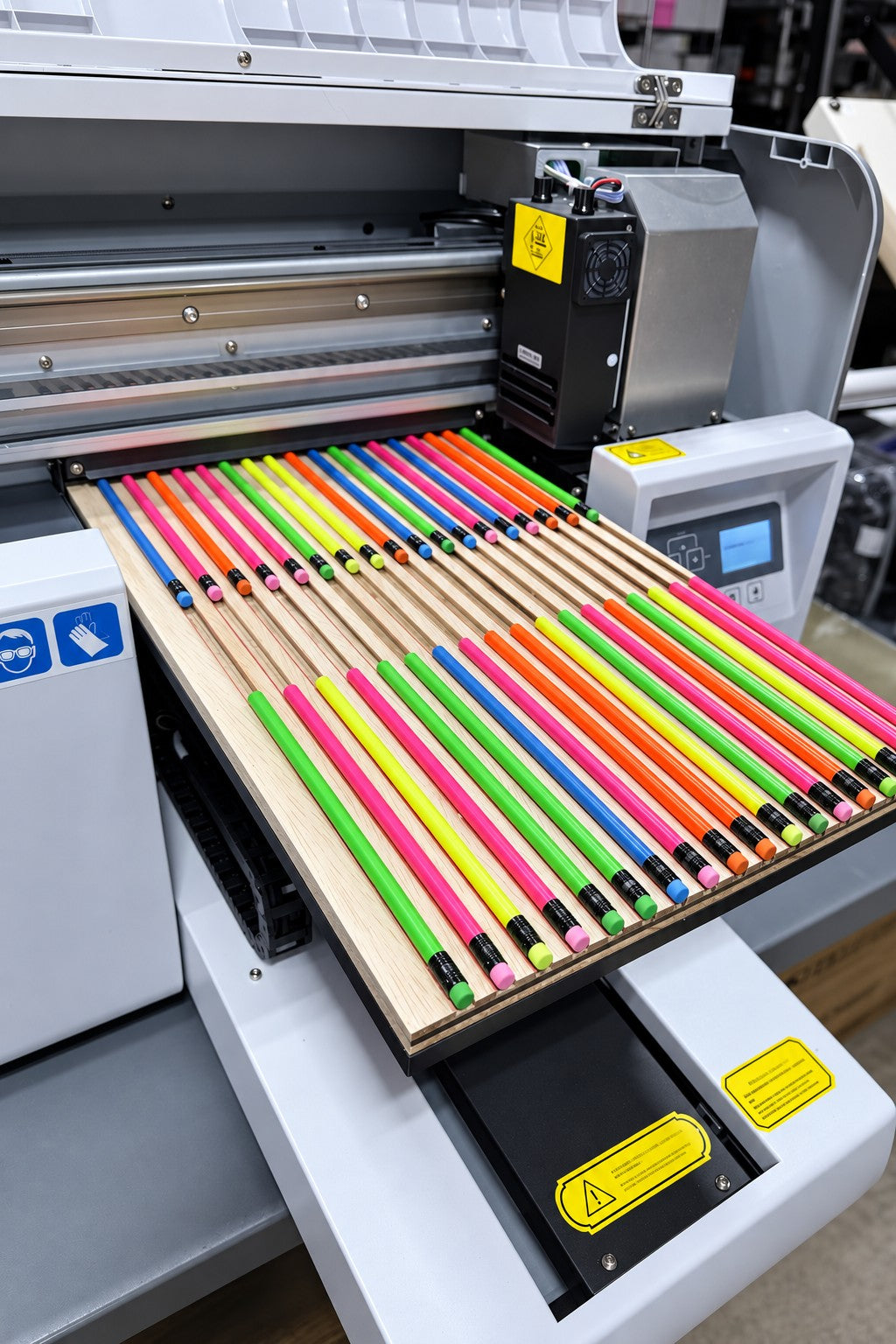 Colorful promotional pencils arranged in a UV printer